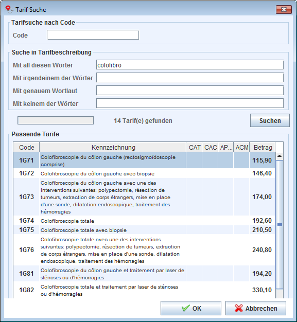 Tarif Suchen Dialog